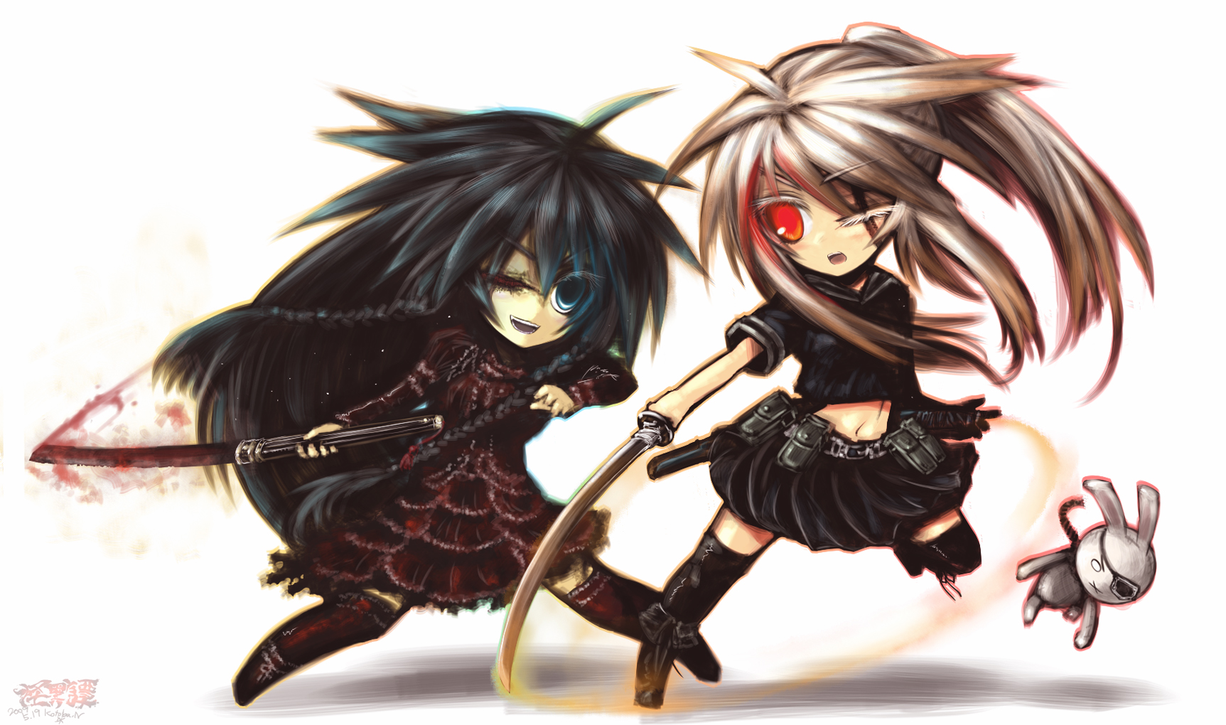 black_hair, blonde_hair, blue_eyes, hinomaru_(kotoba), katana, kotoba_noriaki, long_hair, ponytail