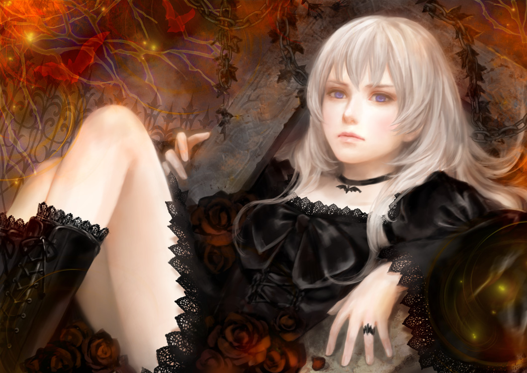 animal, anthropomorphism, axis_powers_hetalia, bat, boots, chain, choker, dress, flowers, goth-loli, iceland_(hetalia), lolita_fashion, lotus, realistic