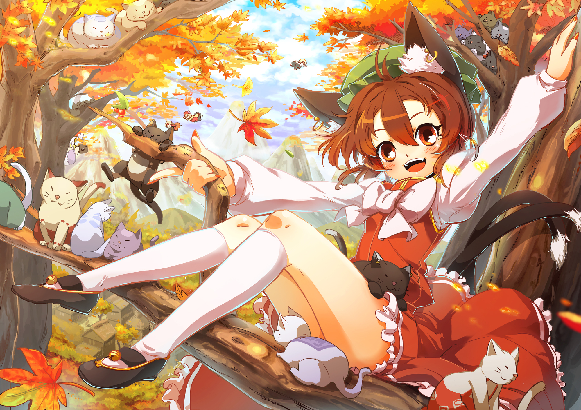 animal, animal_ears, autumn, bell, blush, bow, brown_eyes, brown_hair, cat, catgirl, chen, clouds, hat, im_(badmasa), kneehighs, leaves, short_hair, sky, tail, touhou, tree