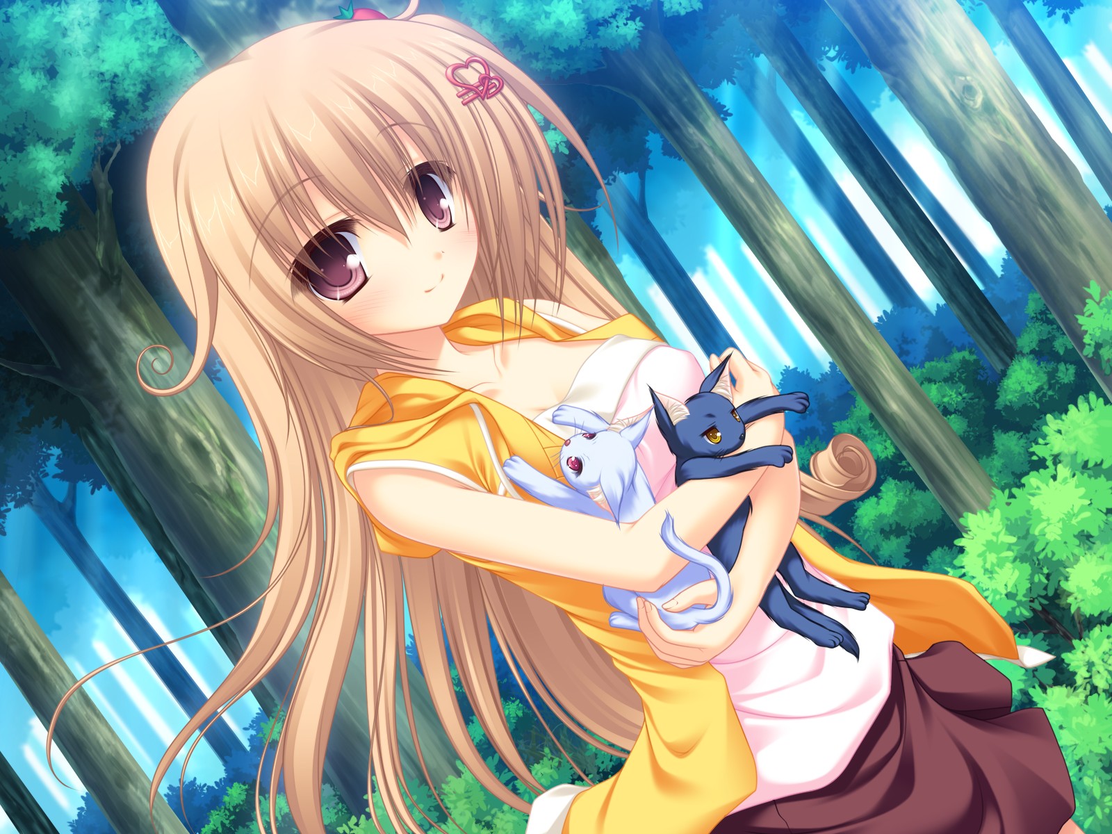 animal, blush, brown_hair, cat, game_cg, long_hair, mikagami_mamizu, neko_koi