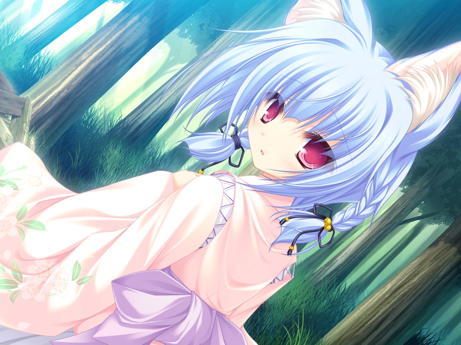 animal_ears, bell, blue_hair, bow, catgirl, forest, game_cg, japanese_clothes