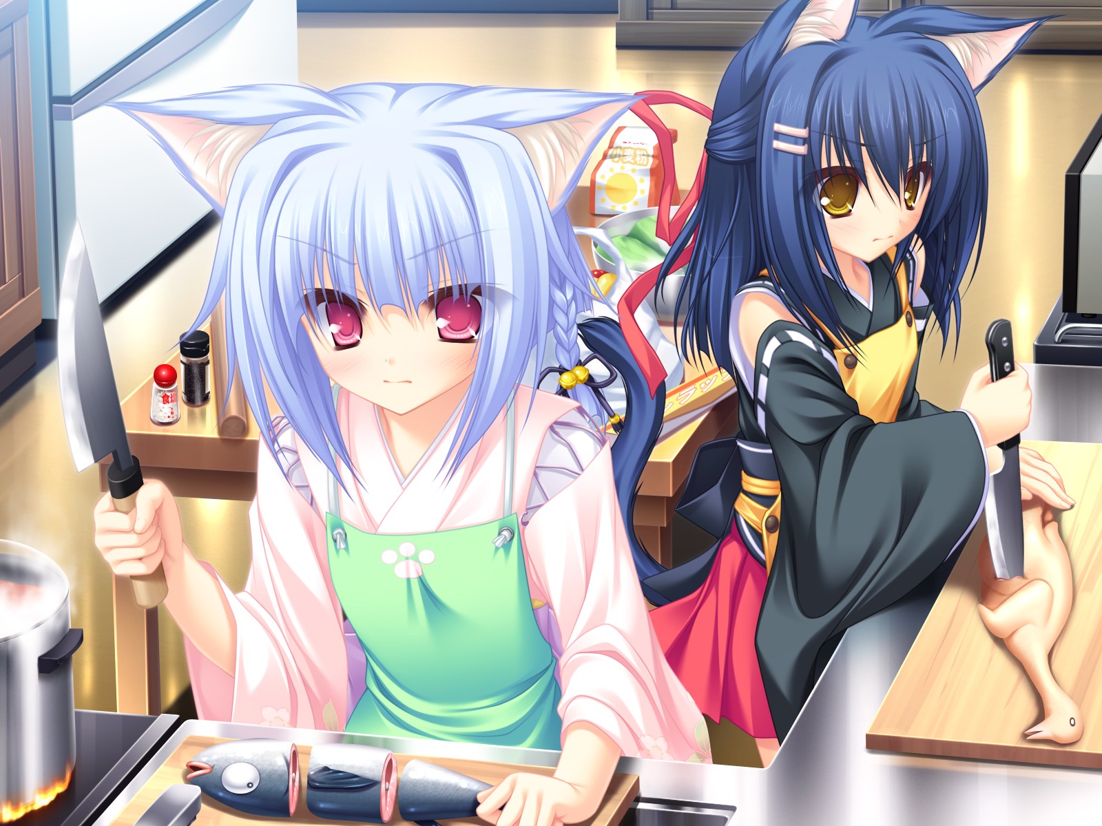 2girls, animal, animal_ears, apron, bell, blue_hair, bow, catgirl