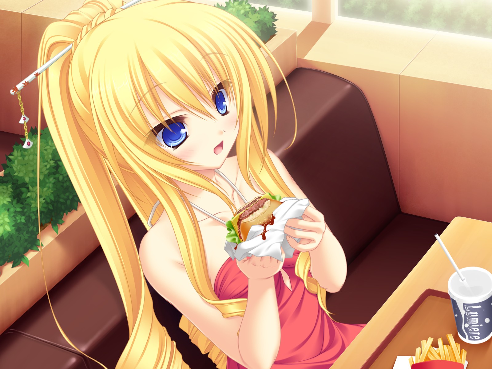 blonde_hair, blue_eyes, food, game_cg, koshimizu_rei, mikagami_mamizu, neko_koi, whirlpool