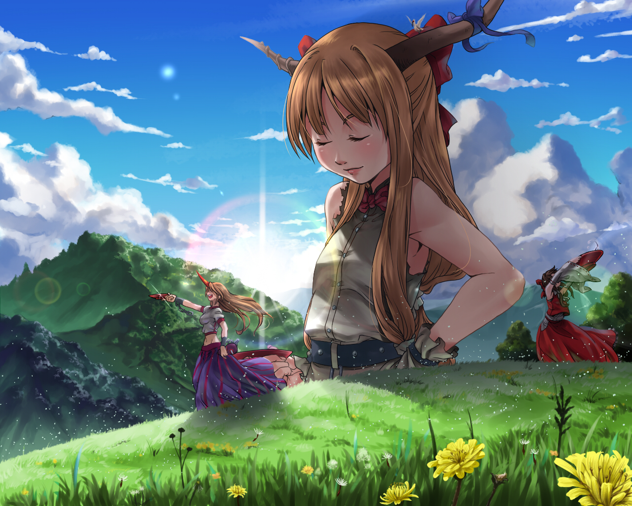 clouds, drink, hakurei_reimu, horns, hoshiguma_yuugi, ibuki_suika, japanese_clothes, landscape, miko, sake, scenic, shino_himegami, sky, touhou