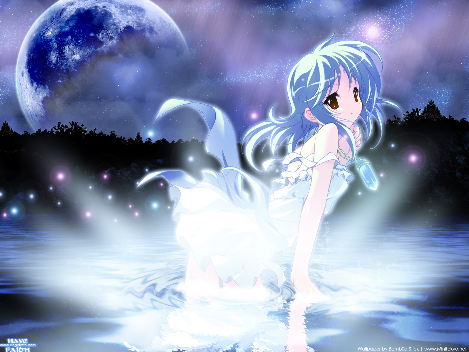 blue_hair, brown_eyes, dress, fujiwara_warawara, jpeg_artifacts, majokko_a_la_mode, mireille_brilliant, moon
