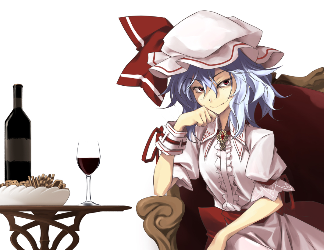 blue_hair, dress, drink, food, hat, matsuyama_nozomu, red_eyes, remilia_scarlet