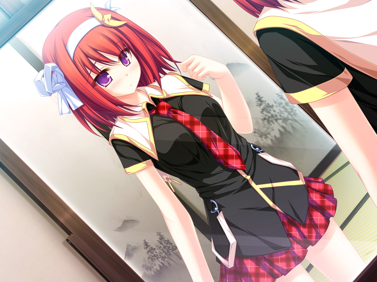 blush, game_cg, headband, jpeg_artifacts, purple_eyes, red_hair, school_uniform, skirt, suzukaze_no_melt, tenmaso, tsubaki_nazuna, whirlpool