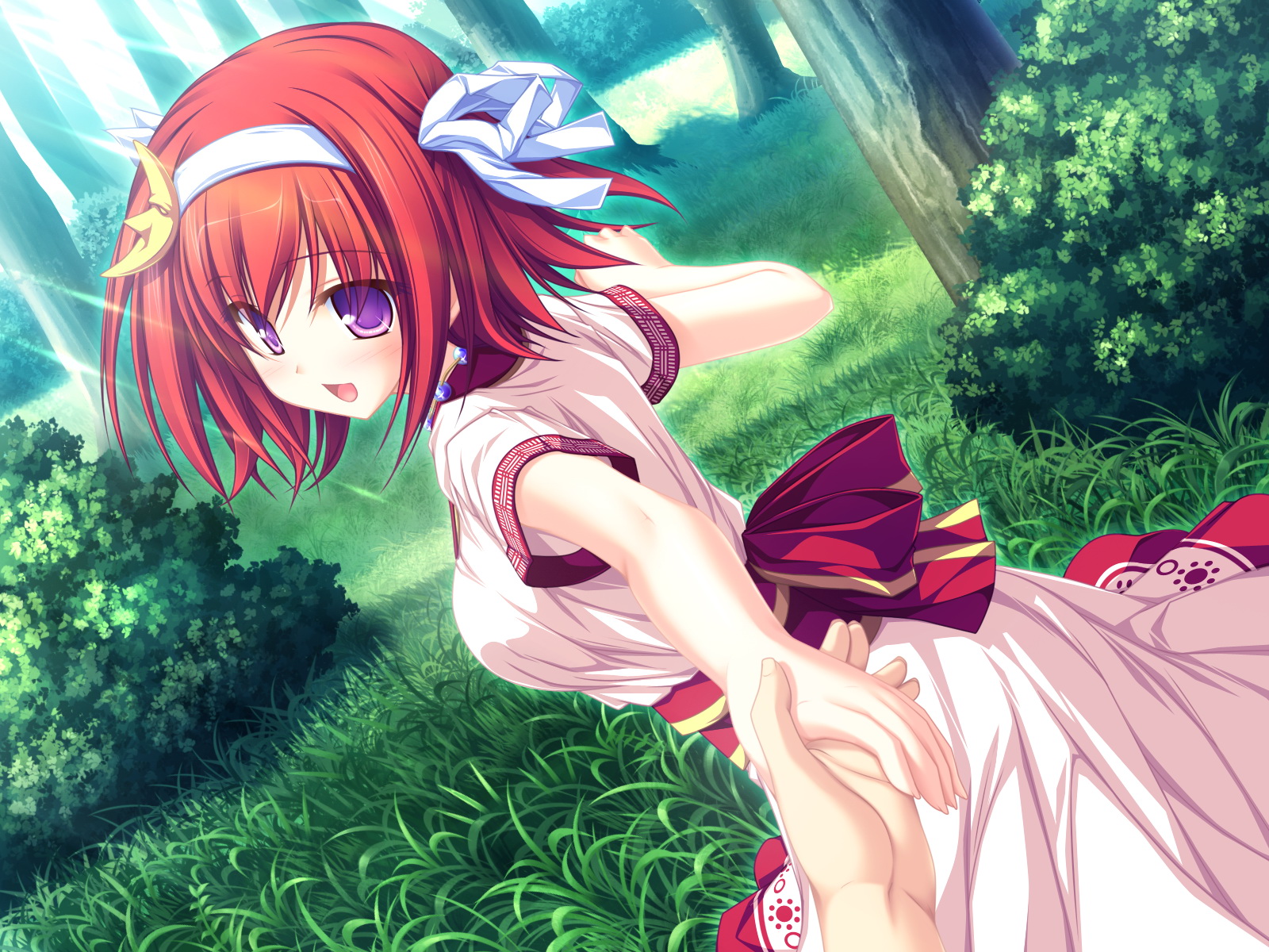 blush, game_cg, grass, jpeg_artifacts, purple_eyes, red_hair, suzukaze_no_melt, tenmaso, tsubaki_nazuna, whirlpool