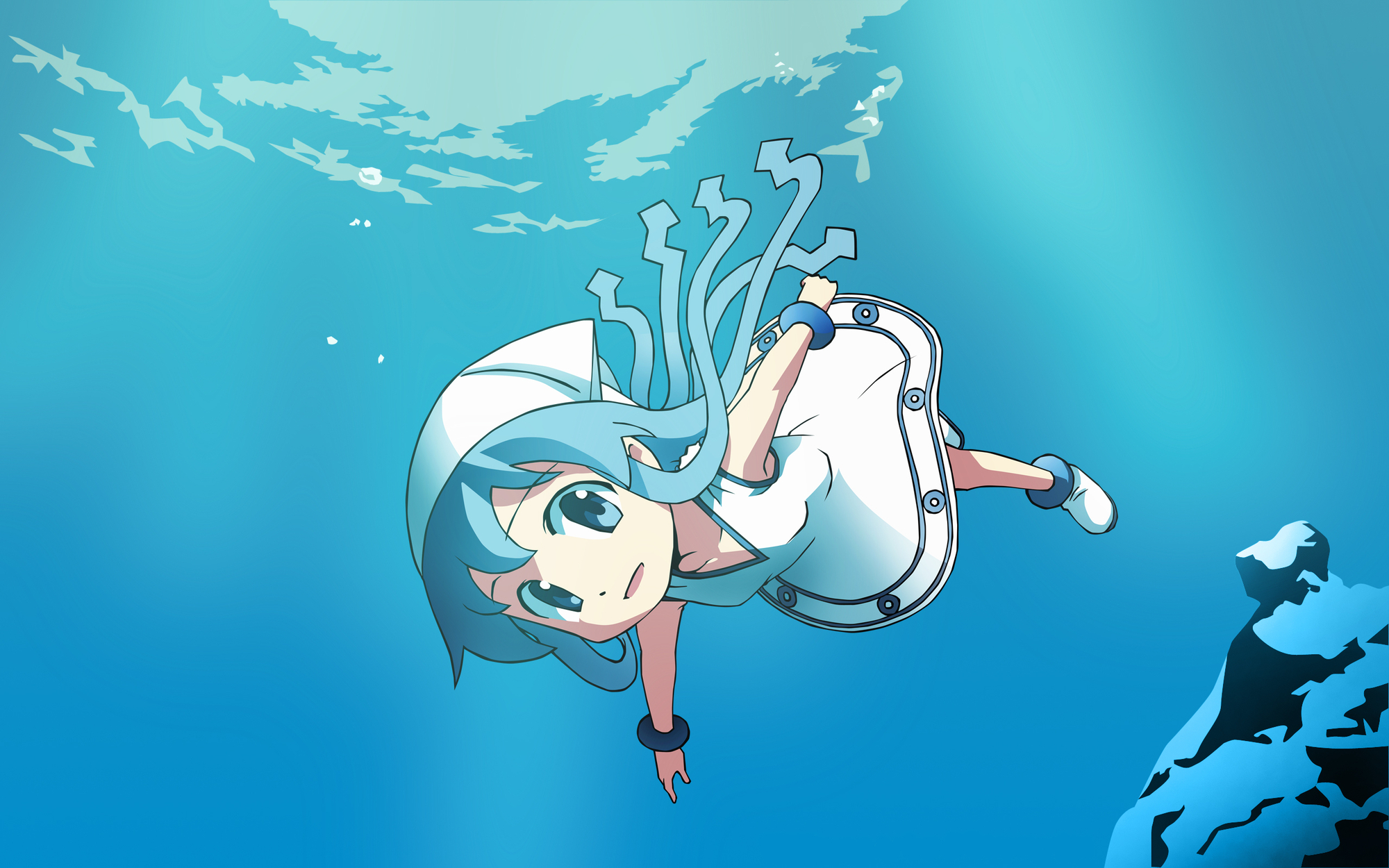 anbe_masahiro, blue, blue_eyes, blue_hair, ikamusume, loli, shinryaku!_ikamusume, underwater, water