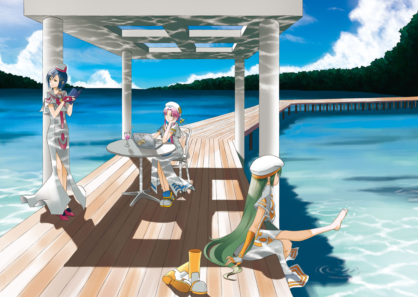 aika_s_granzchesta, alice_carroll, aria, boots, green_hair, group, hat, kuramunatchu