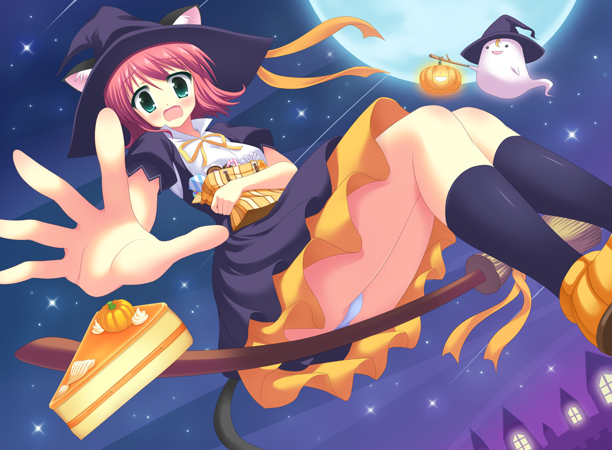 animal_ears, catgirl, food, halloween, hat, hinata_keiichi, moon, night, panties, ribbons, skirt, stars, tail, underwear, upskirt, witch