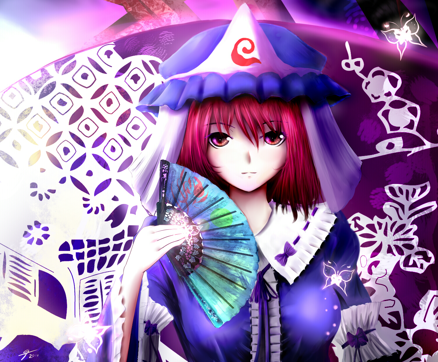 butterfly, fan, hat, helrouis, red_eyes, red_hair, saigyouji_yuyuko, short_hair