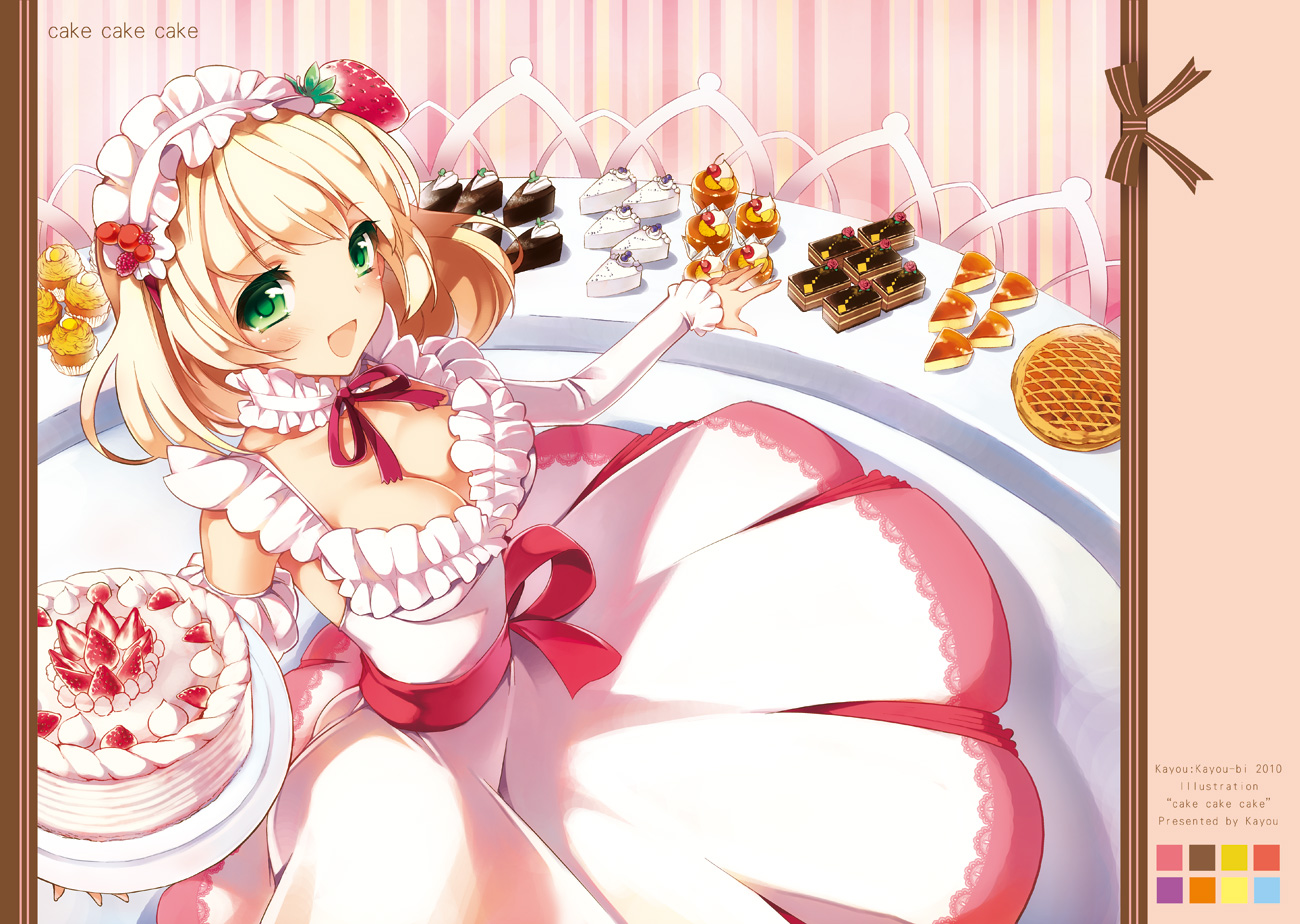 blonde_hair, breasts, cake, cleavage, dress, food, green_eyes, kayou_(artist)
