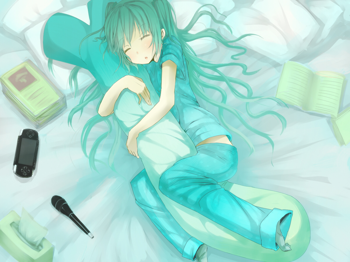 aqua_hair, game_console, hatsune_miku, microphone, shiro_shougun, sleeping, vocaloid