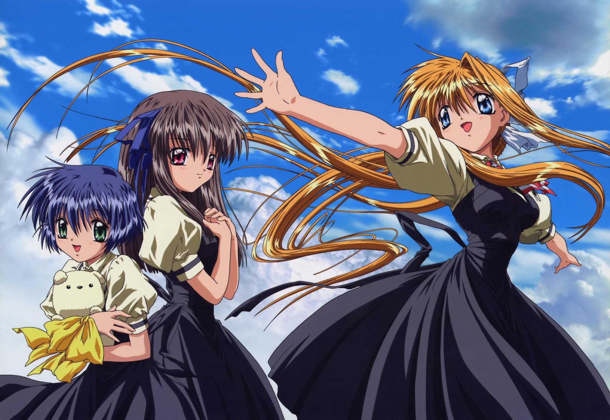 air, animal, blonde_hair, blue_eyes, blue_hair, brown_hair, clouds, dog, green_eyes, kamio_misuzu, kirishima_kano, long_hair, potato, red_eyes, ribbons, school_uniform, short_hair, sky, tohno_minagi