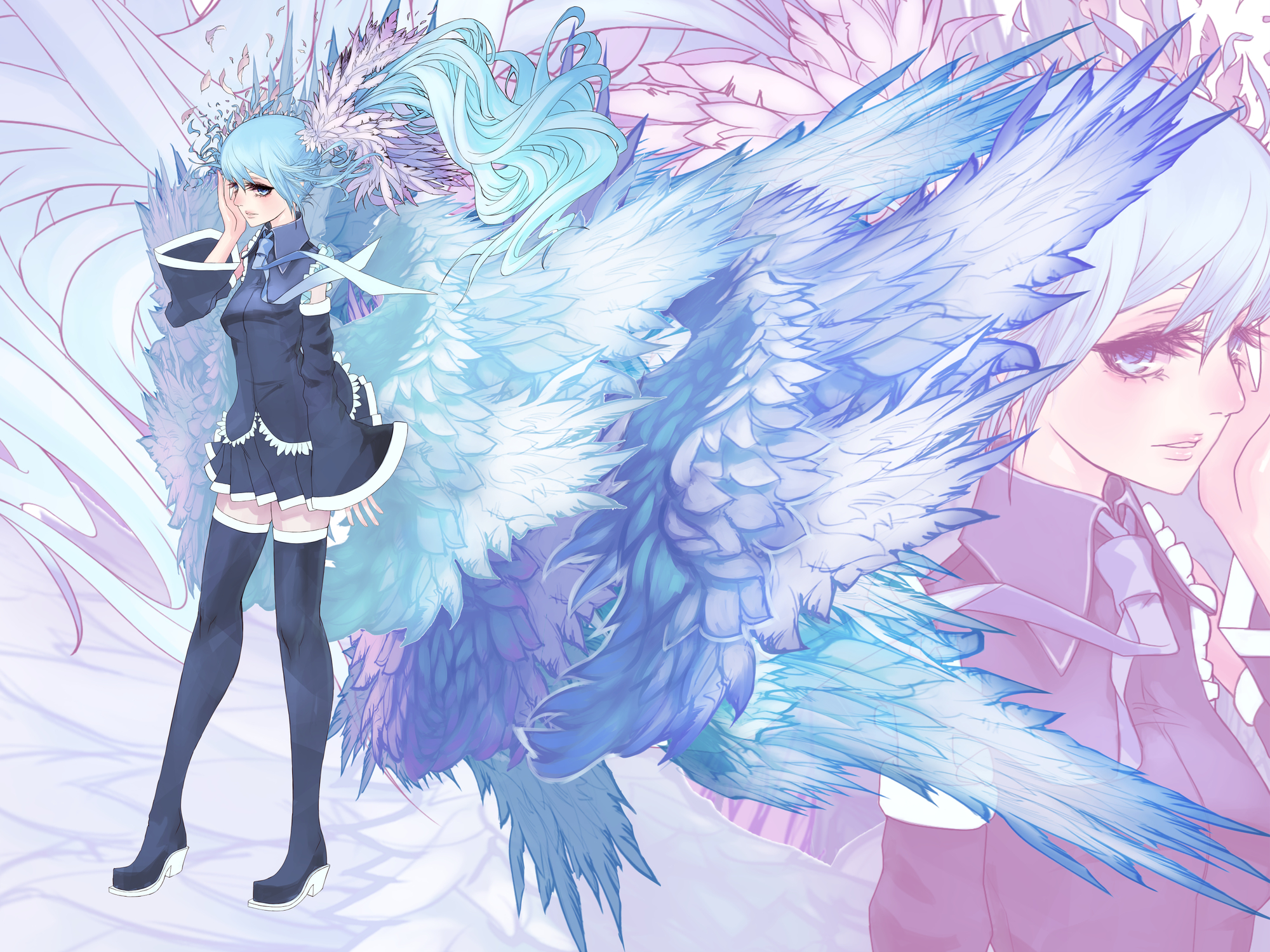 hatsune_miku, kansou_samehada, thighhighs, tie, twintails, vocaloid, wings