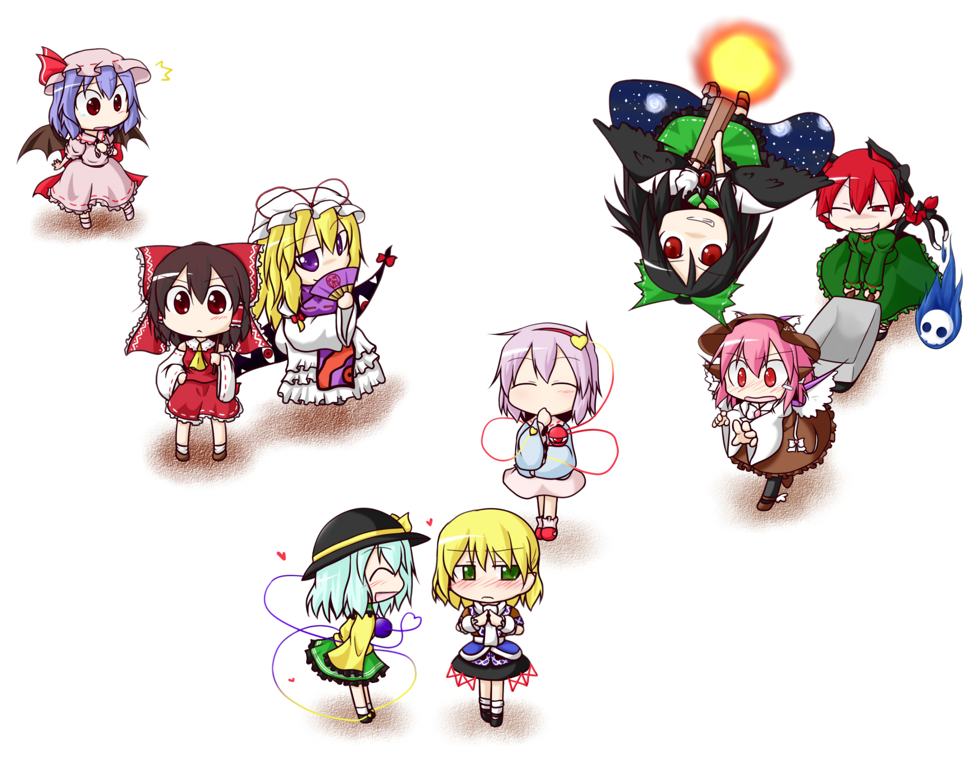 animal_ears, blush, bow, catgirl, chibi, dress, fang, gokei, group, hakurei_reimu, hat, japanese_clothes, kaenbyou_rin, komeiji_koishi, komeiji_satori, miko, mizuhashi_parsee, multiple_tails, mystia_lorelei, pantyhose, pointed_ears, reiuji_utsuho, remilia_scarlet, ribbons, tail, touhou, vampire, white, wings, yakumo_yukari