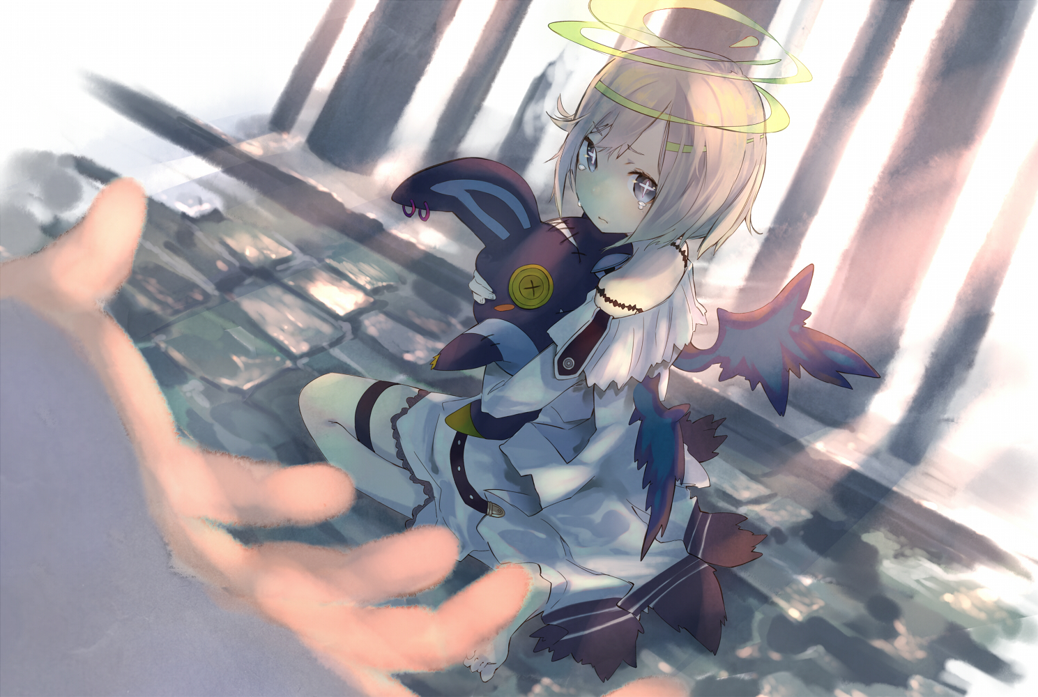 angel, cross, crying, dress, halo, original, ponkan_eight, tears