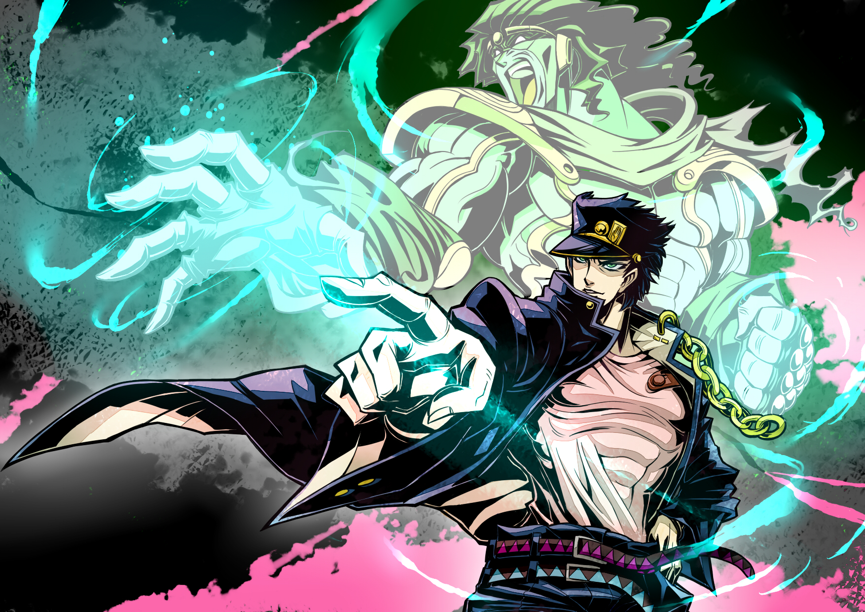 all_male, armor, blue_hair, chain, gibuchoko, gloves, green_eyes, green_hair