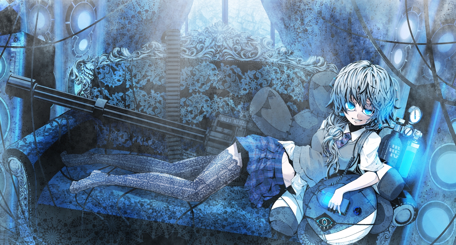 beshi, blue_eyes, gun, original, school_uniform, skirt, thighhighs, tie, weapon