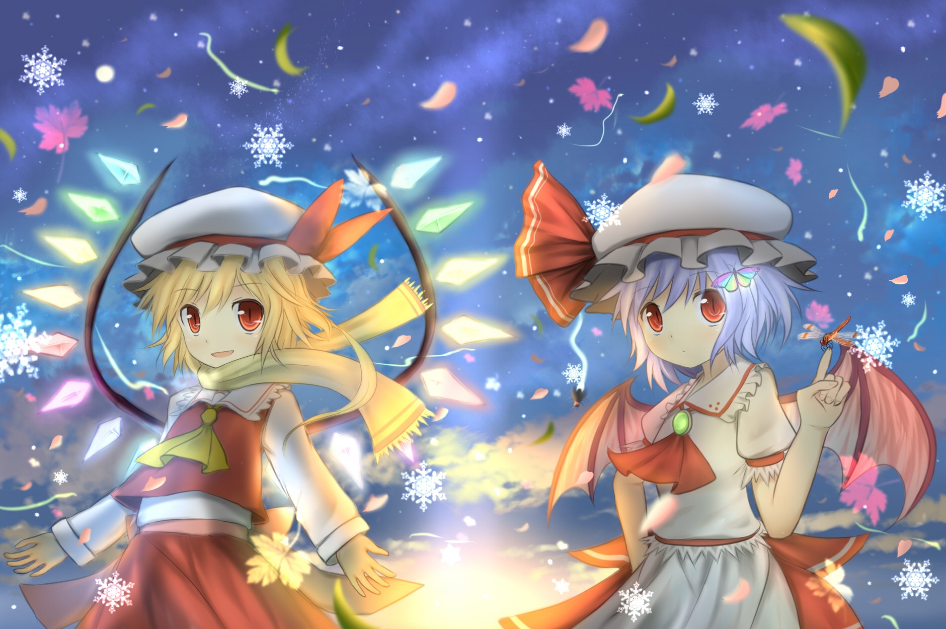 2girls, blonde_hair, blue_hair, bunchou, flandre_scarlet, hat, moon, night, petals, red_eyes, remilia_scarlet, scarf, short_hair, sky, snow, touhou, vampire, wings