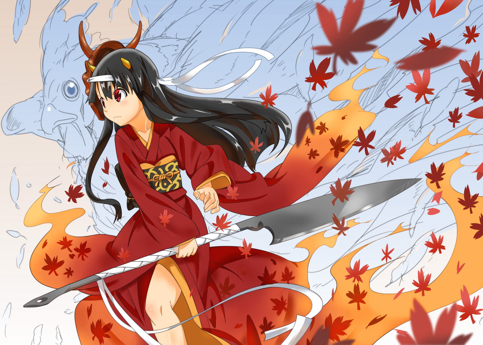 animal, autumn, bird, black_hair, headband, hinomoto_oniko, horns, japanese_clothes