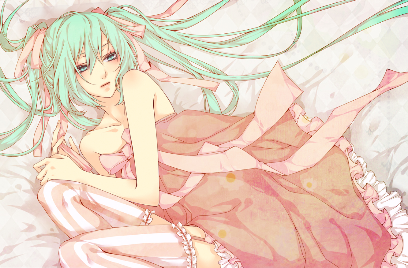 aqua_eyes, aqua_hair, dress, hatsune_miku, natsuki0910, ribbons, stockings, twintails, vocaloid