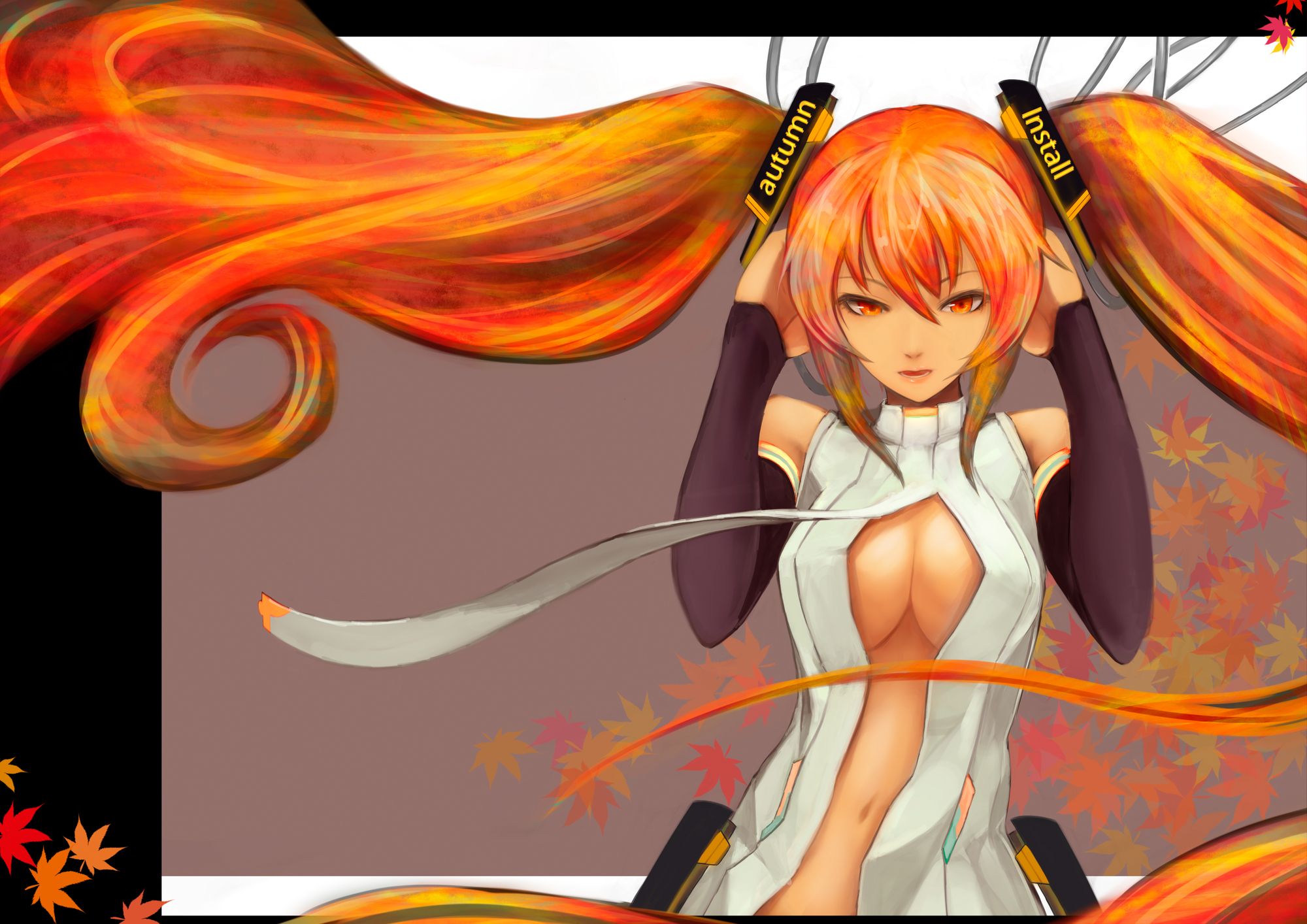 breasts, cleavage, hatsune_miku, headphones, miku_append, orange_hair, twintails, vocaloid