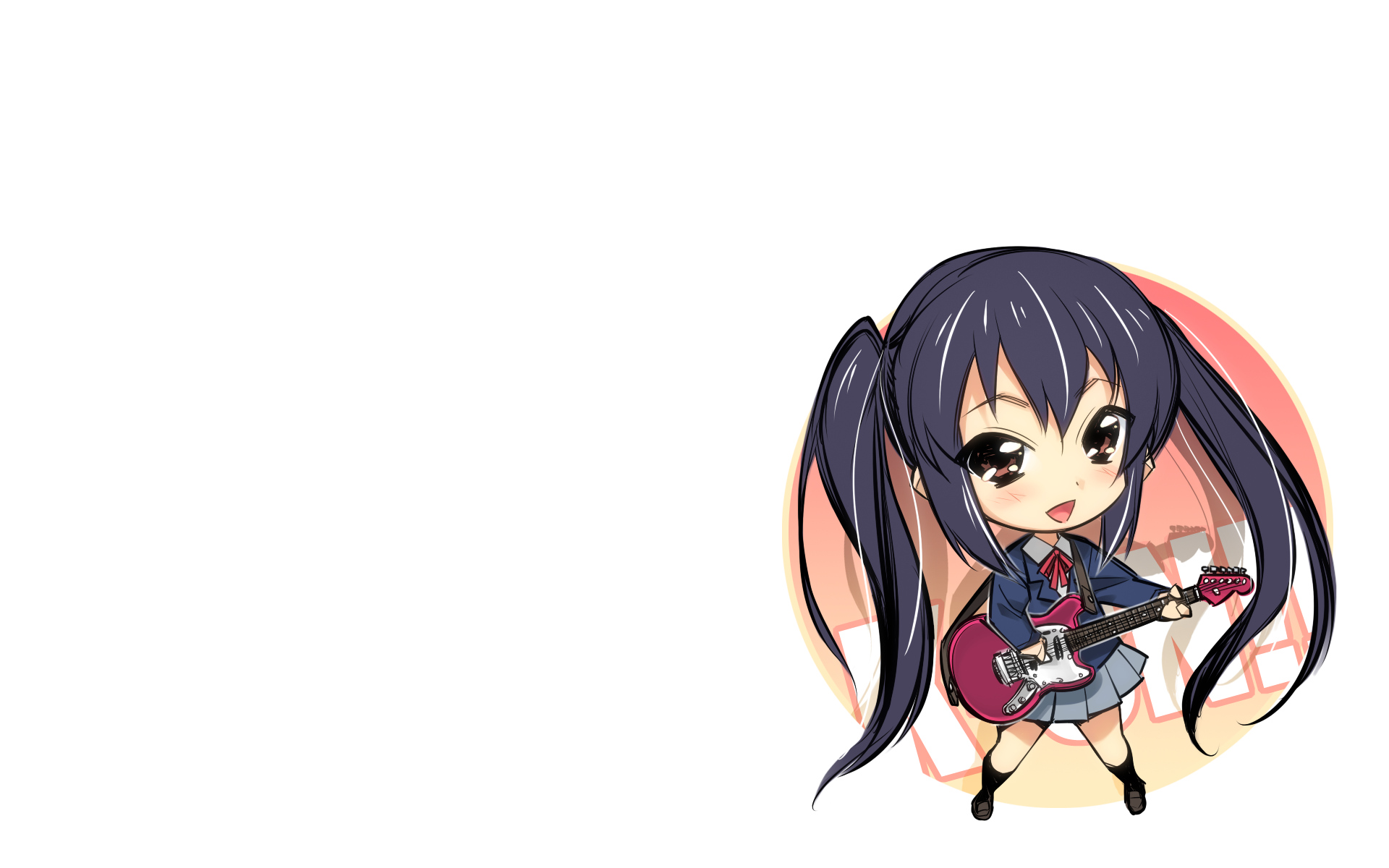 black_hair, brown_eyes, chibi, guitar, hiyohiyo, instrument, k-on!, long_hair, nakano_azusa, school_uniform, twintails, white