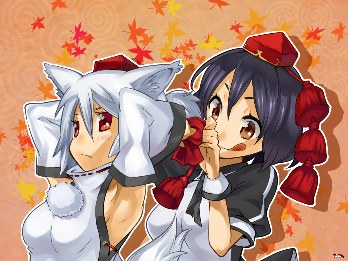 2girls, animal_ears, black_hair, bow, hat, inubashiri_momiji, red_eyes, shameimaru_aya