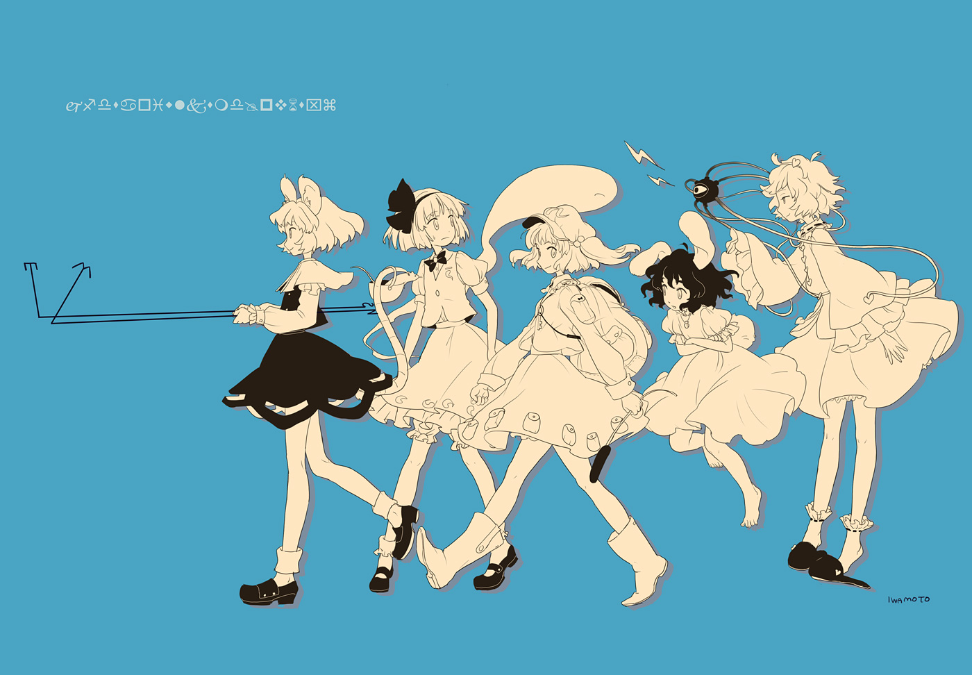 animal_ears, barefoot, blue, boots, bunny_ears, bunnygirl, dress, group, hat, inaba_tewi, iwamoto_james, kawashiro_nitori, komeiji_satori, konpaku_youmu, mousegirl, myon, nazrin, short_hair, tail, touhou