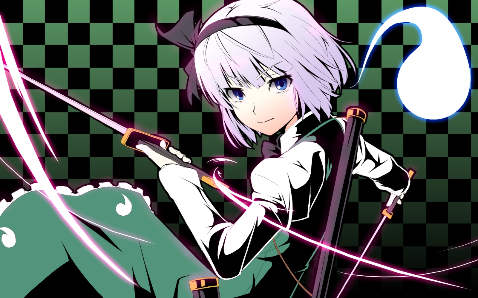 blue_eyes, bow, dress, gayprince, headband, katana, konpaku_youmu, myon, purple_hair, short_hair, sword, touhou, weapon