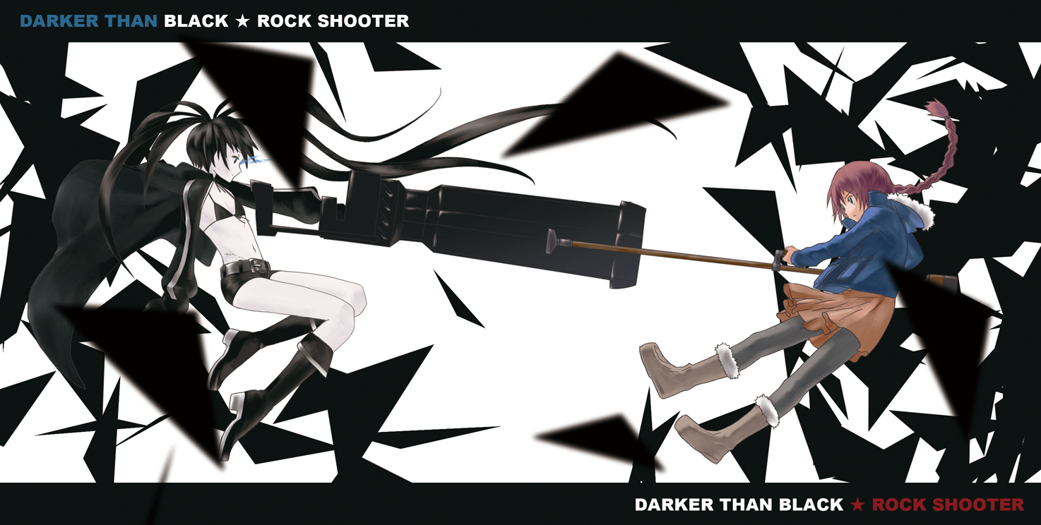 black_rock_shooter, boots, botbe, cape, crossover, darker_than_black, gun, kuroi_mato, suou_pavlichenko, weapon