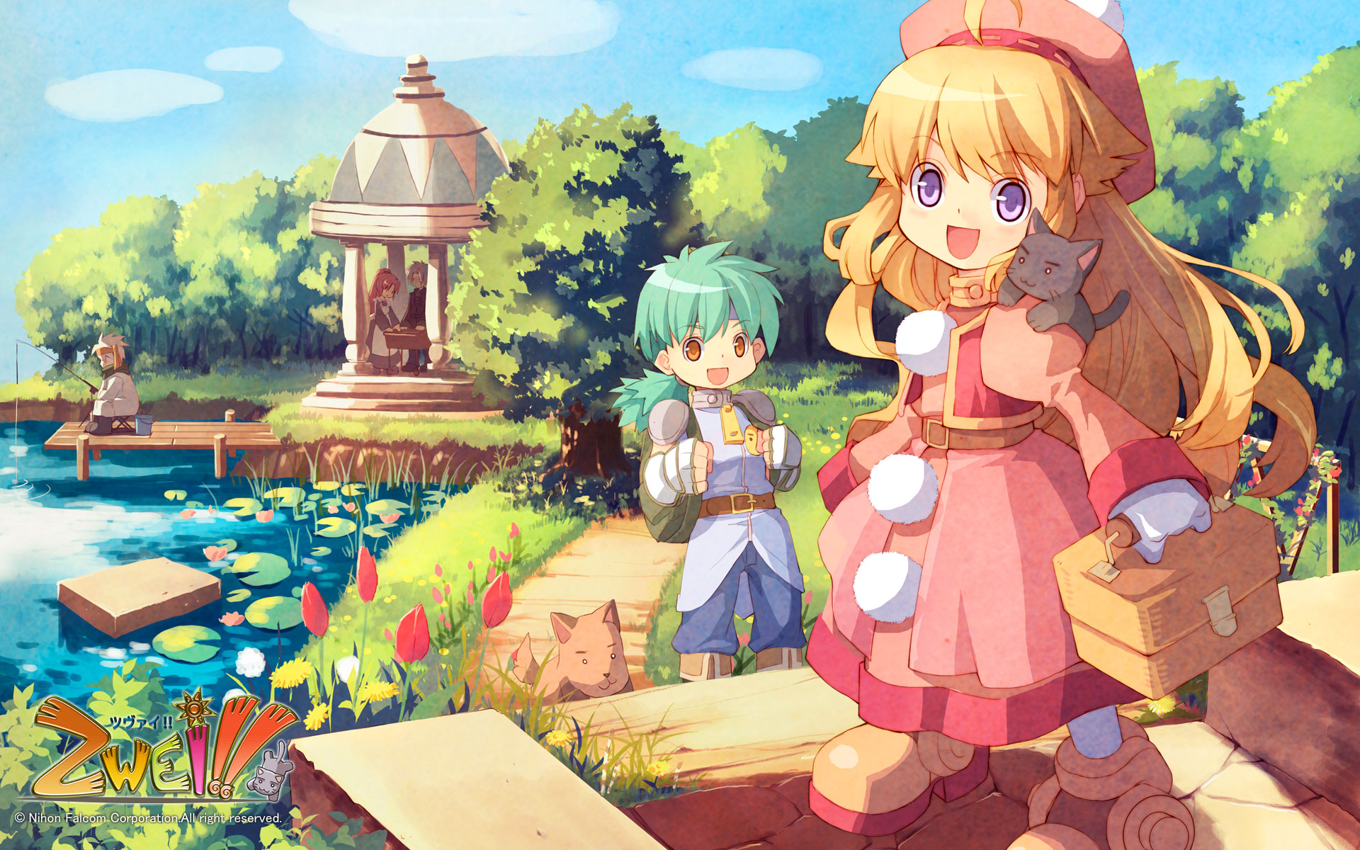 animal, aqua_hair, boots, brown_eyes, cat, cat_smile, dog, falcom, flowers, grass, jpeg_artifacts, logo, long_hair, orange_hair, pipiro, pockle, ponytail, purple_eyes, tree, water, watermark, zwei!!