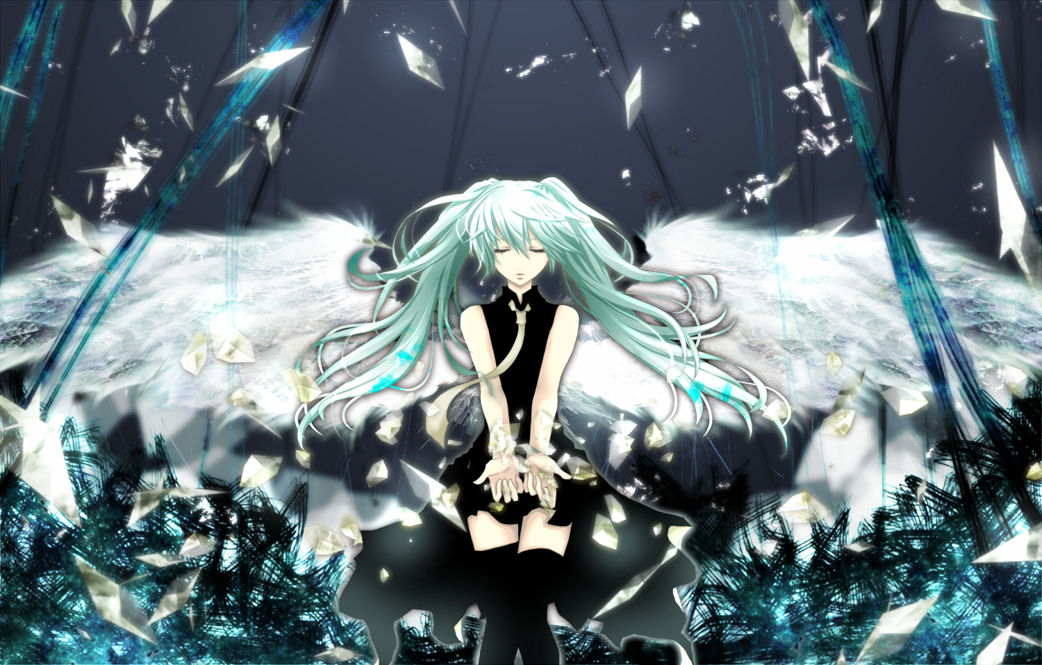 aonoe, aqua_hair, hatsune_miku, thighhighs, tie, twintails, vocaloid, wings