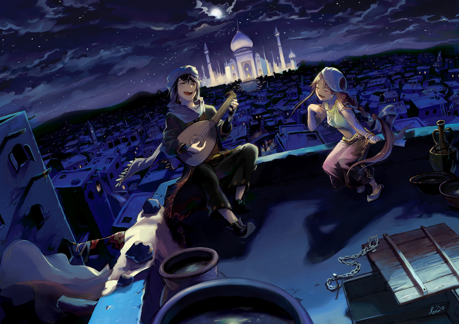building, chain, city, clouds, guitar, instrument, moon, night, original, rooftop, runia, water
