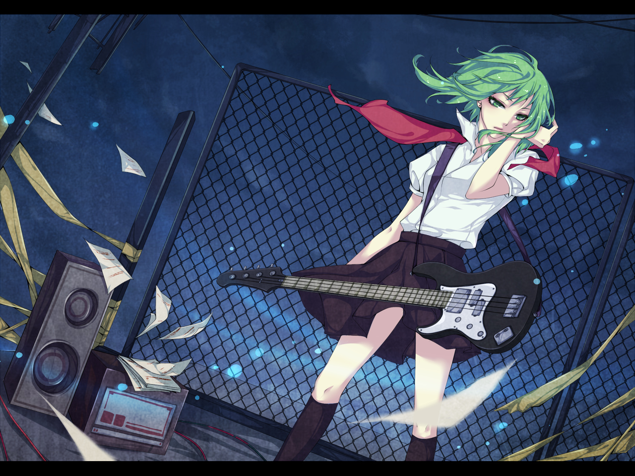 green_eyes, green_hair, guitar, gumi, instrument, natsuki0910, school_uniform, vocaloid