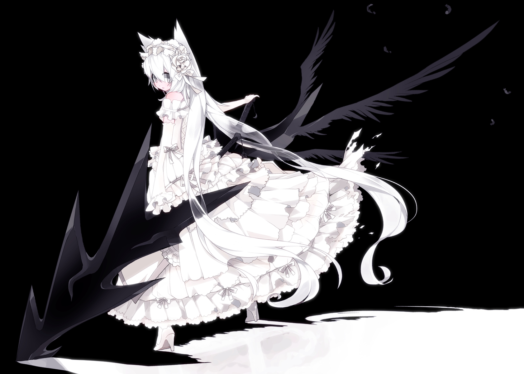 animal_ears, dress, long_hair, mizushirazu, original, white_hair, wings