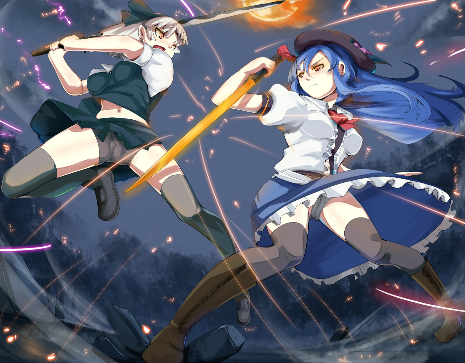 blue_hair, hat, hinanawi_tenshi, katana, konpaku_youmu, panties, skirt, sword