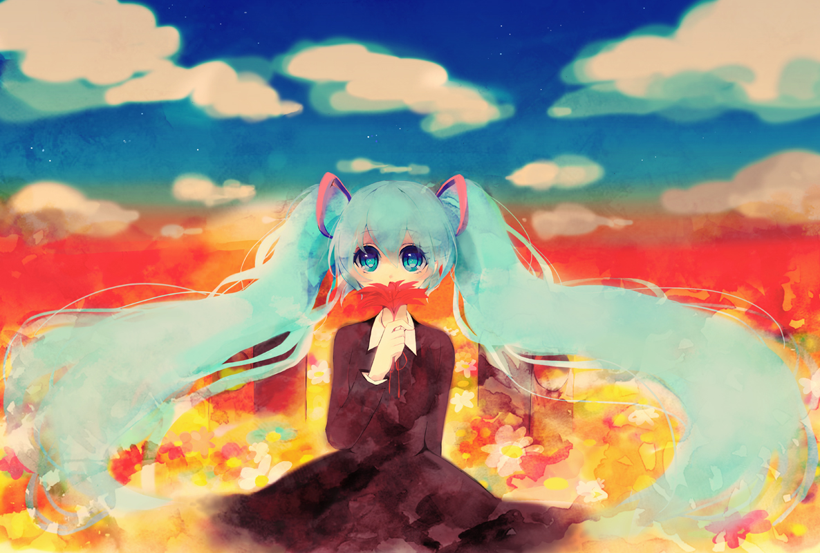 aqua_eyes, aqua_hair, clouds, dress, hatsune_miku, shichi, sky, twintails, vocaloid