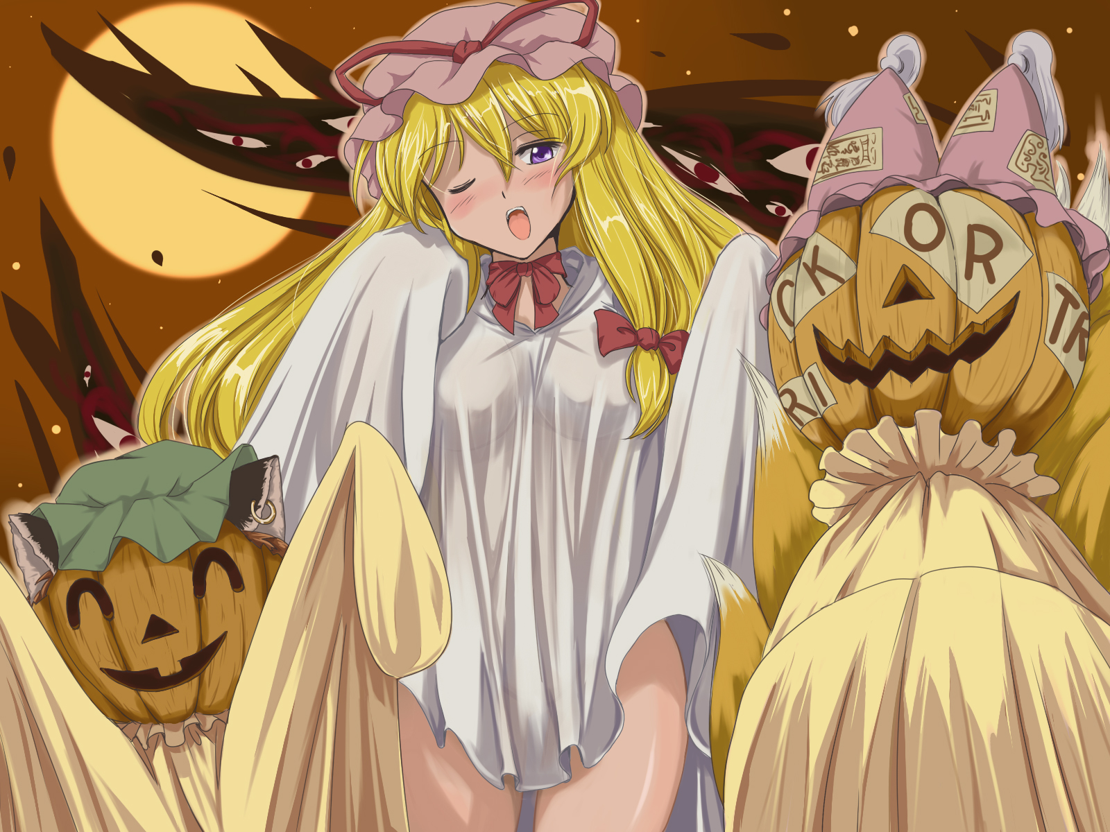 animal_ears, catgirl, chen, flx, foxgirl, halloween, moon, multiple_tails, pumpkin, tail, touhou, yakumo_ran, yakumo_yukari