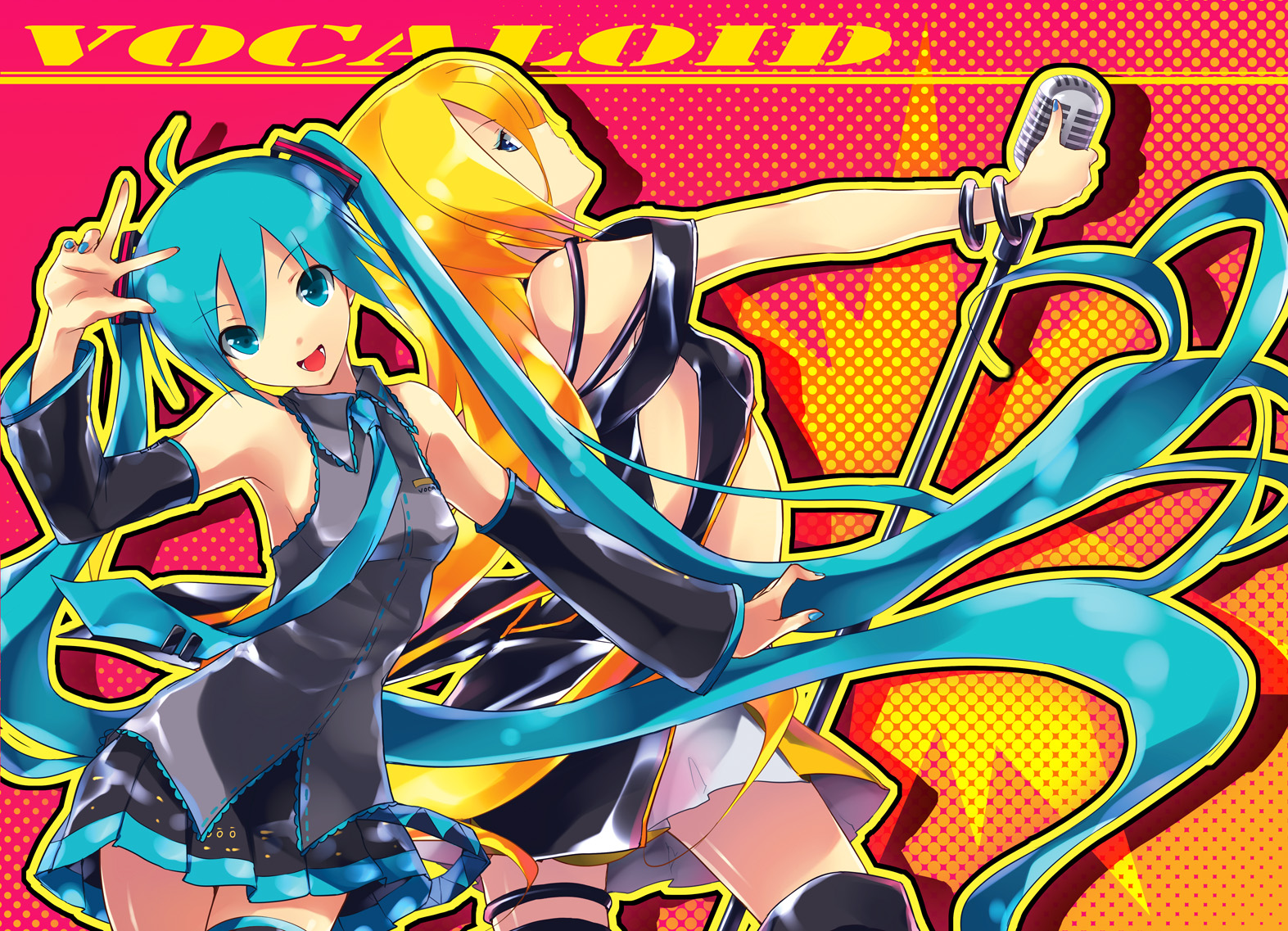 akino_subaru, aqua_eyes, aqua_hair, blonde_hair, blue_hair, hatsune_miku, lily_(vocaloid), microphone
