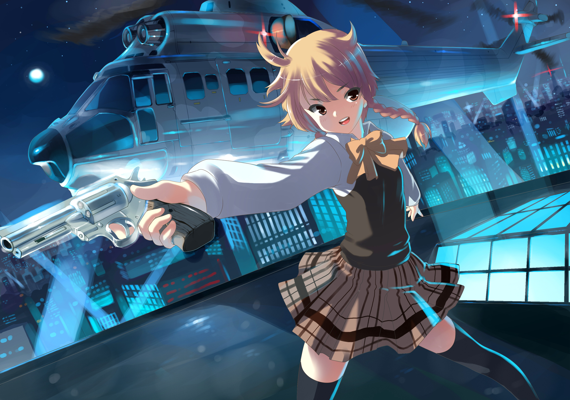blonde_hair, braids, brown_eyes, building, city, gun, moon, night, original, rinz, rooftop, school_uniform, sky, stars, thighhighs, weapon, zettai_ryouiki