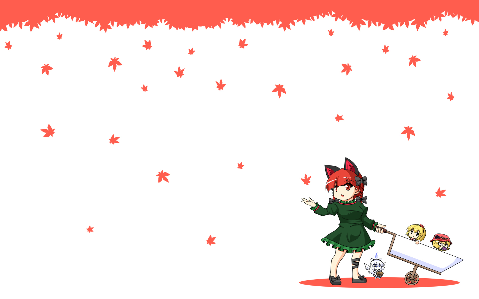 aki_minoriko, aki_shizuha, animal_ears, catgirl, chibi, food, group, kaenbyou_rin