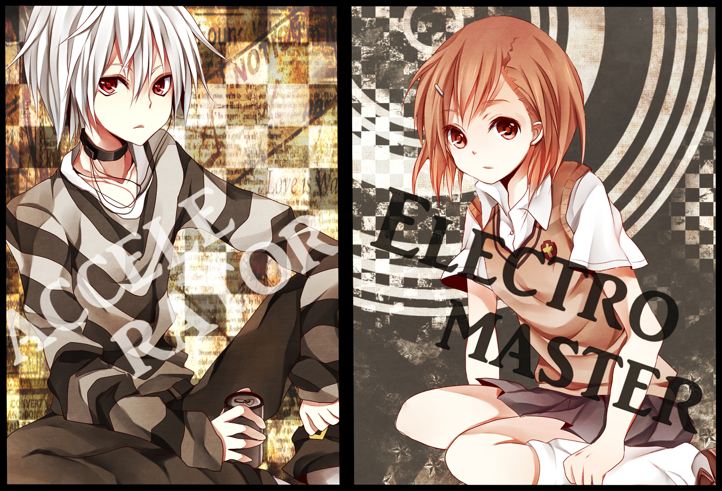 accelerator, brown_eyes, brown_hair, choker, drink, kneehighs, kouko, misaka_mikoto, red_eyes, school_uniform, short_hair, skirt, to_aru_majutsu_no_index, white_hair