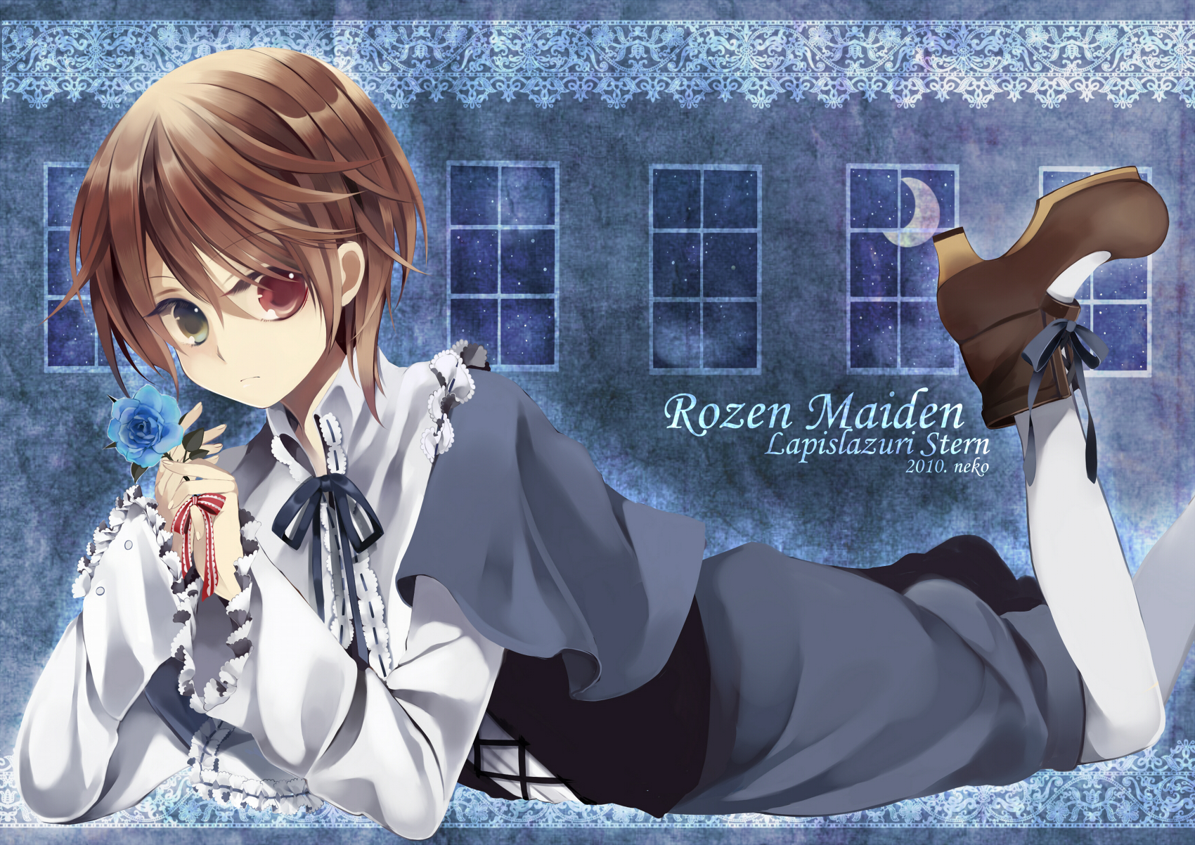 bicolored_eyes, brown_hair, flowers, neko_(natsuiroclassic), rozen_maiden, souseiseki