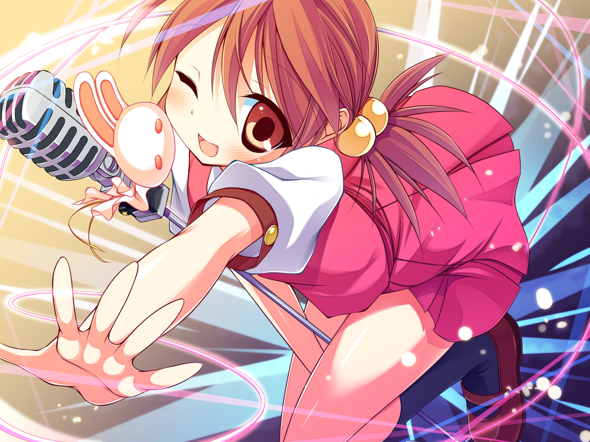 amakara_surume, brown_hair, dress, kaai_yuki, microphone, vocaloid, wink