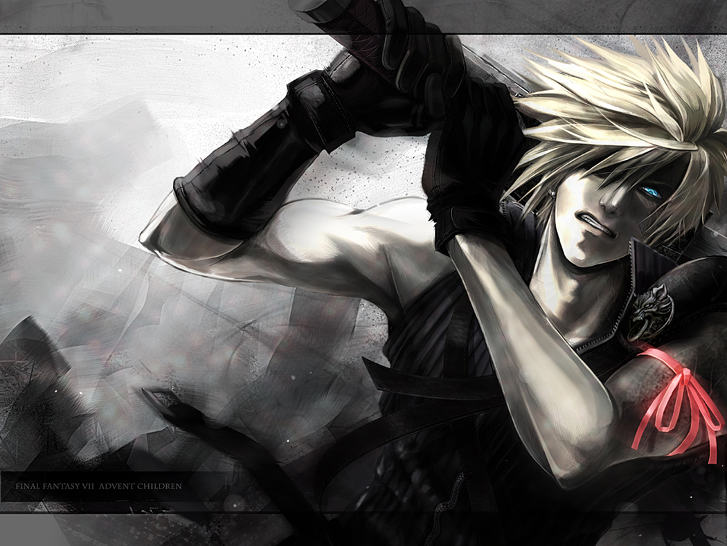blonde_hair, blue_eyes, cloud_strife, final_fantasy, final_fantasy_vii, final_fantasy_vii_advent_children, gloves, ribbons