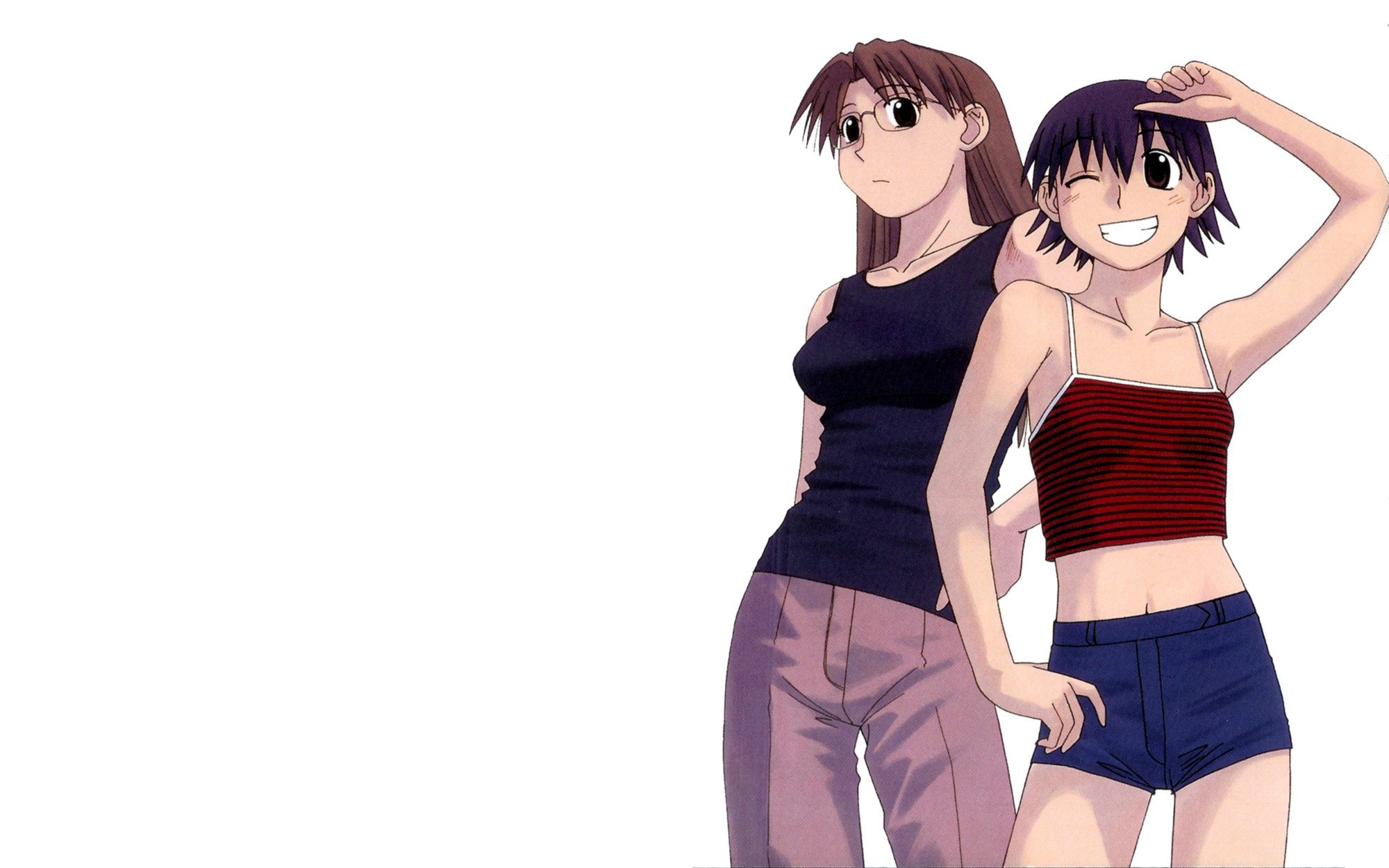 azumanga_daioh, black_hair, brown_hair, glasses, mizuhara_koyomi, takino_tomo, white, wink