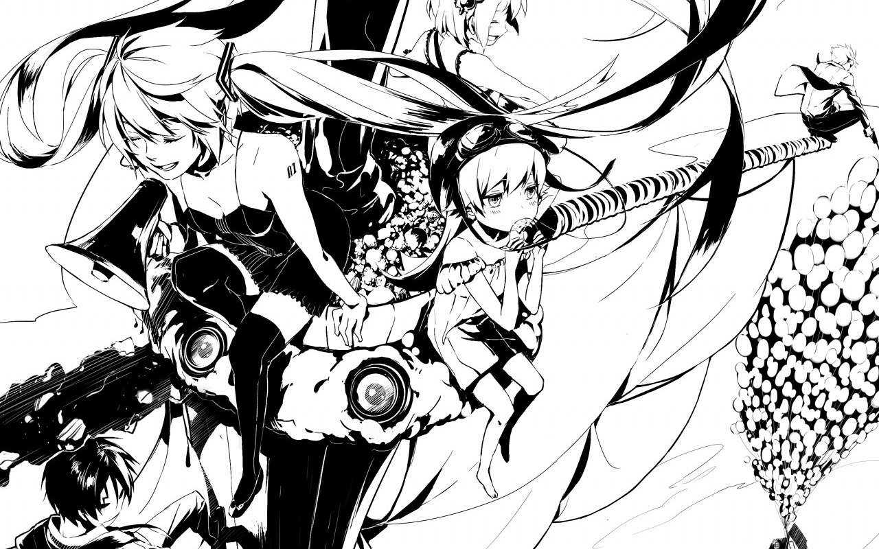 bakemonogatari, black_hair, darker_than_black, dogs:_bullets_&_carnage, food, goggles, haine_rammsteiner, hat, hatsune_miku, hei, jpeg_artifacts, loli, mask, miwa_shirow, monochrome, monogatari_(series), oshino_shinobu, tagme, tattoo, twintails, vampire, vocaloid, white